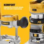 DEWALT 18V Akku-Kombifräse (einsetzbar als Ober- oder Kantenfräse, bürstenloser Motor, 6-8 mm Werkzeugaufnahme, max. Fräs-ø: 36 mm, Fräskorbhub: 55 mm, Lieferung ohne Akku & Ladegerät), DCW604NT-XJ