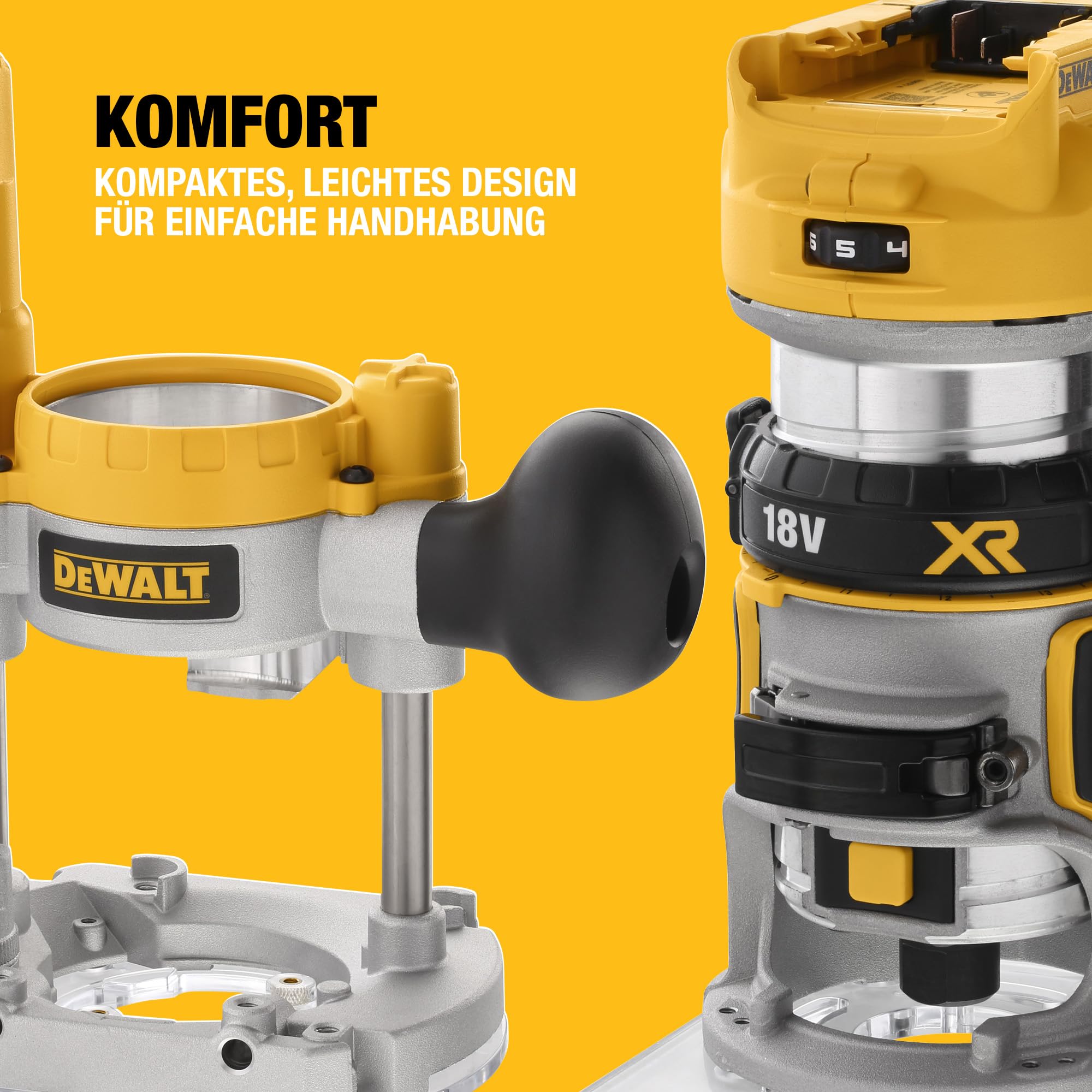 DEWALT 18V Akku-Kombifräse (einsetzbar als Ober- oder Kantenfräse, bürstenloser Motor, 6-8 mm Werkzeugaufnahme, max. Fräs-ø: 36 mm, Fräskorbhub: 55 mm, Lieferung ohne Akku & Ladegerät), DCW604NT-XJ