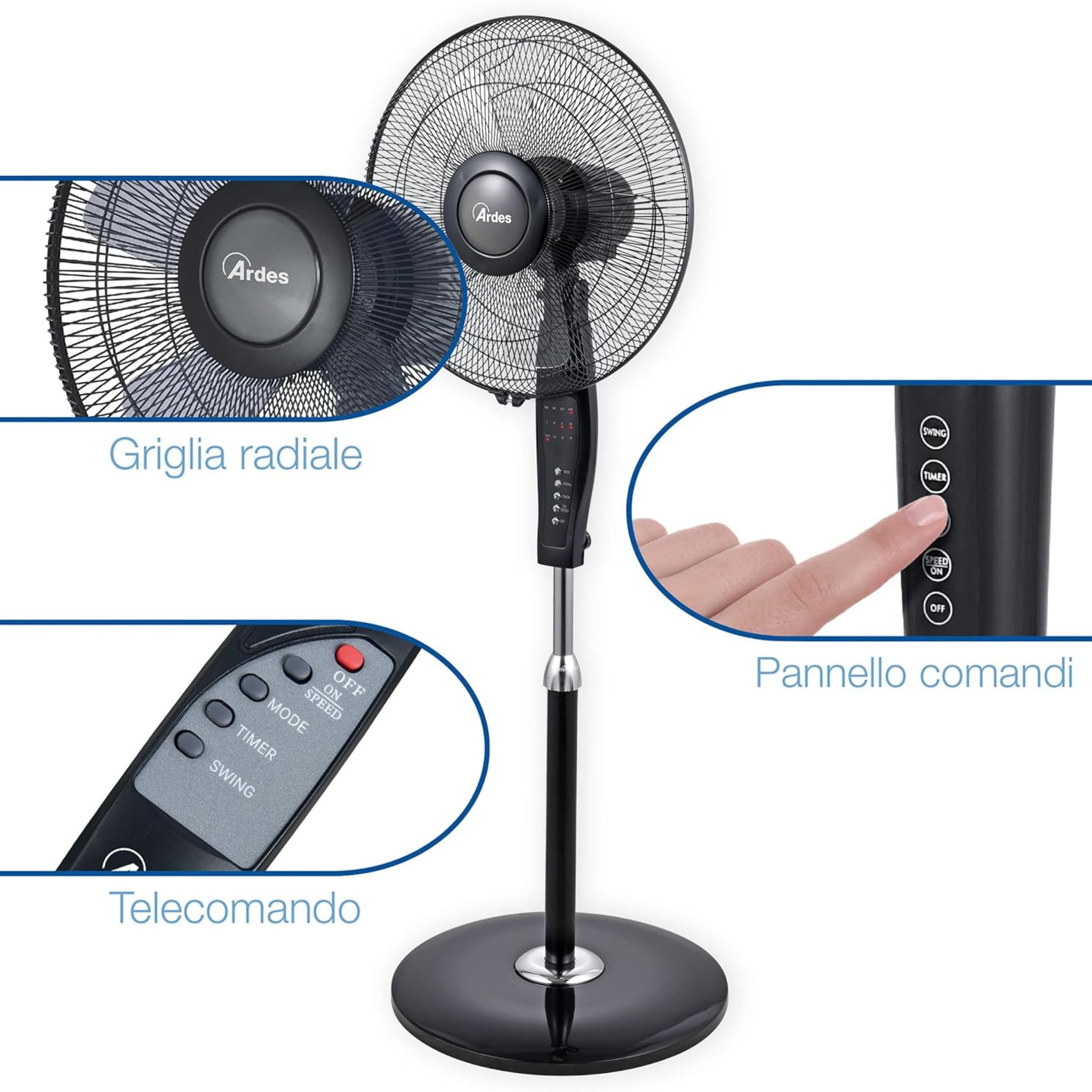 ARDES - AR5S40PBR Standventilator, mit Fernbedienung und Timer, leise und leistungsstark, 5 Flügel, 40 cm, oszillierend, mit verstellbarer Höhe und Neigung, 3 Geschwindigkeitsstufen
