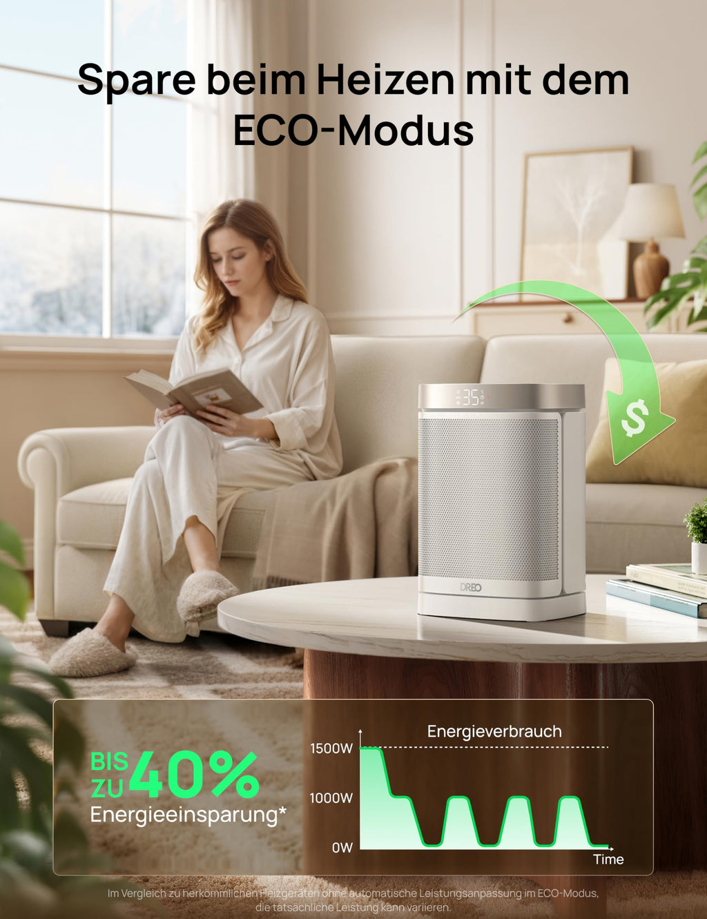 Dreo Heizlüfter Energiesparend Klein, 1500W Heizung Elektrisch mit Thermostat, 70° Oszillierend Elektroheizung, PTC Keramik Heizlüfter Leise, ECO-Modus, 12-Std-Timer, Überhitzungs- & Kippschutz, Weiß