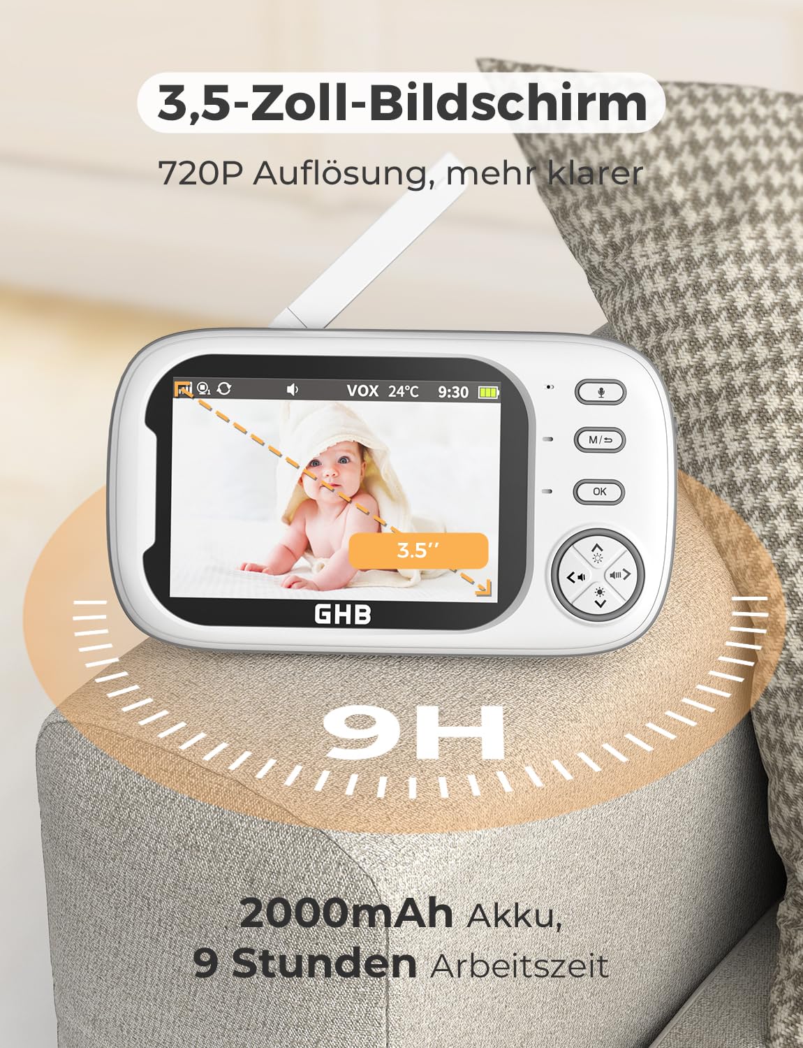 GHB Babyphone mit Kamera 3,5 Zoll Video Baby Monitor mit VOX Modus Nachtsicht Gegensprechfunktion Schlaflieder