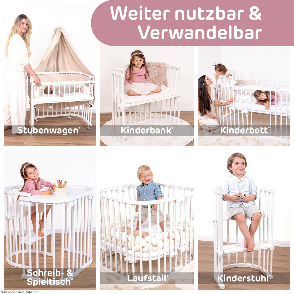 babybay Original Beistellbett aus massivem Buchenholz/kompakt & verwandelbar/Kinderbett Höhe stufenlos verstellbar/mitwachsendes Babybett (weiß lackiert) / inkl. Matratze, Gitter, Rollen