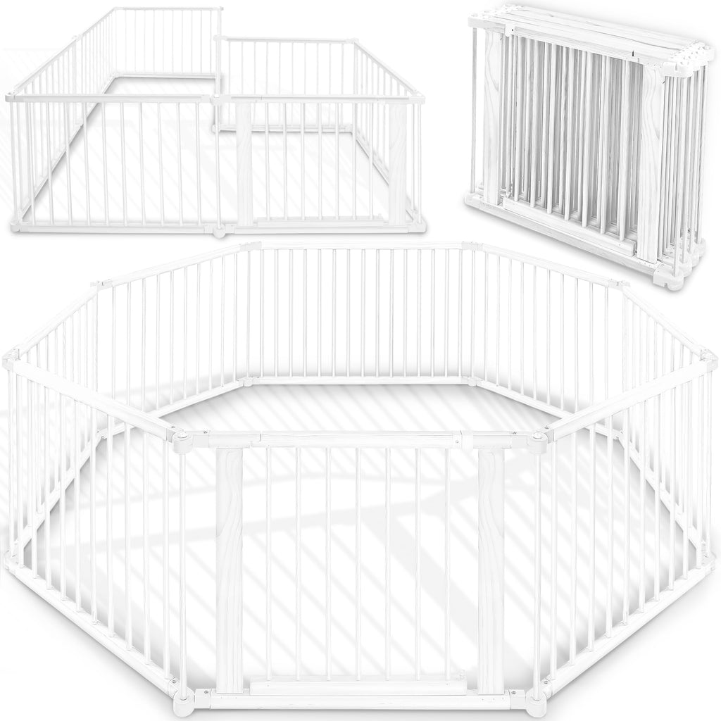 KIDUKU® 7,2 Meter Baby Laufgitter XXL klappbar inkl. Tür | Laufstall mit doppelter Sicherung | Absperrgitter für Kinder inkl. 8 Elementen | Krabbelgitter individuell formbar