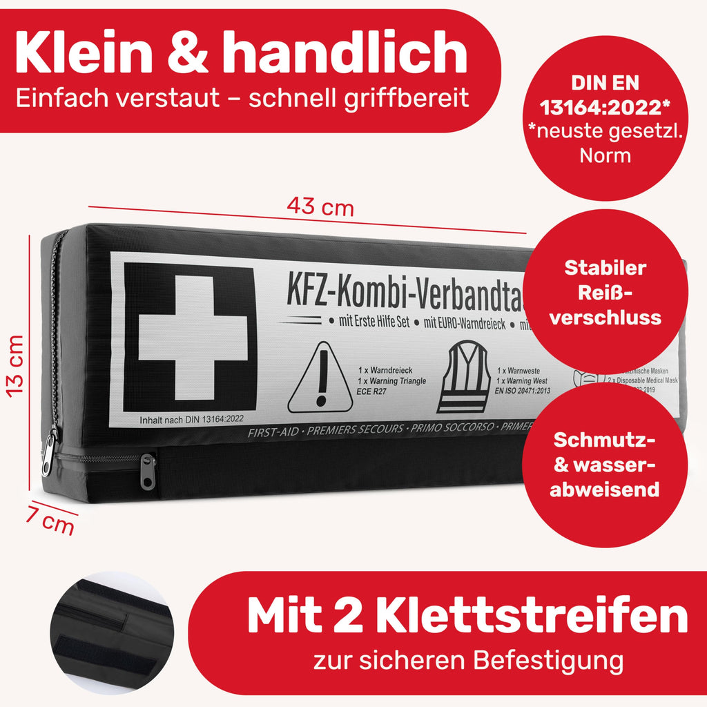 KFZ Kombitasche (3 in 1) nach aktueller Norm 2026 - Inkl. Warndreieck, Warnweste - Verbandskasten Warndreieck Set Verbandskasten Auto DIN 13164:2022 (StVO konform)