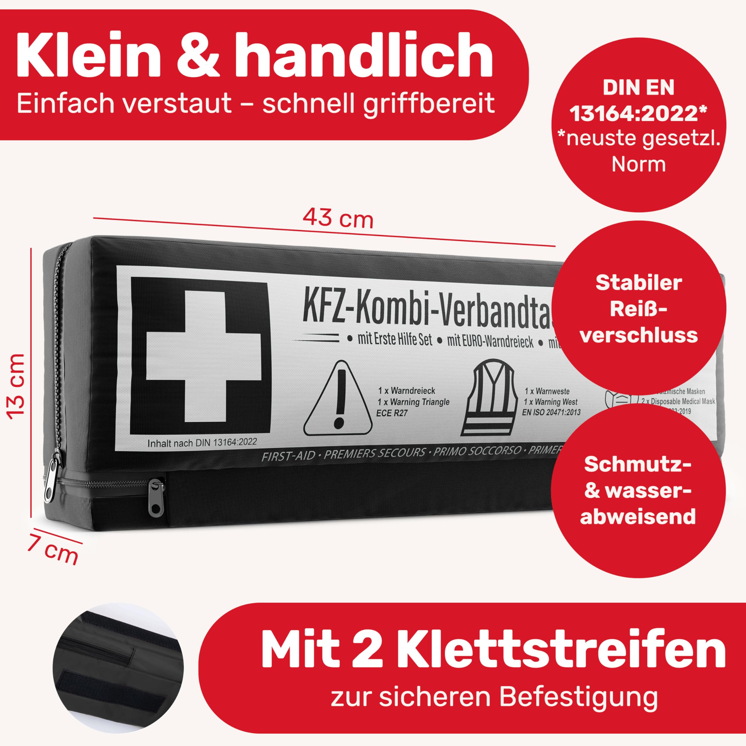 KFZ Kombitasche (3 in 1) nach aktueller Norm 2026 - Inkl. Warndreieck, Warnweste - Verbandskasten Warndreieck Set Verbandskasten Auto DIN 13164:2022 (StVO konform)