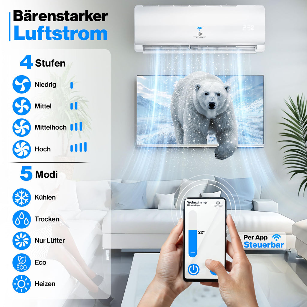 KESSER® Klimaanlage Set Split - mit WiFi/App Funktion Klimagerät - Kühlen A++/ Heizen A+ - 9000 BTU/h (2.600 Watt) Sehr Leise, Kältemittel R32 - Fernbedienung, Timerfunktion - Inkl. Montagematerial