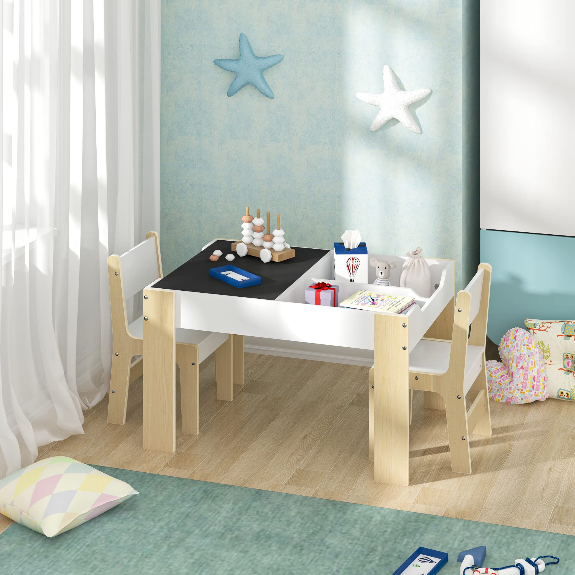 Lestarain Kindertisch mit 2 Stühlen, Kindertisch mit Stauraum, Maltisch für Kinder, Kindersitzgruppe mit wendbarer & abnembarer Tischplatte, Kindermöbel Set für Kinderzimmer Kindergärten, Weiss