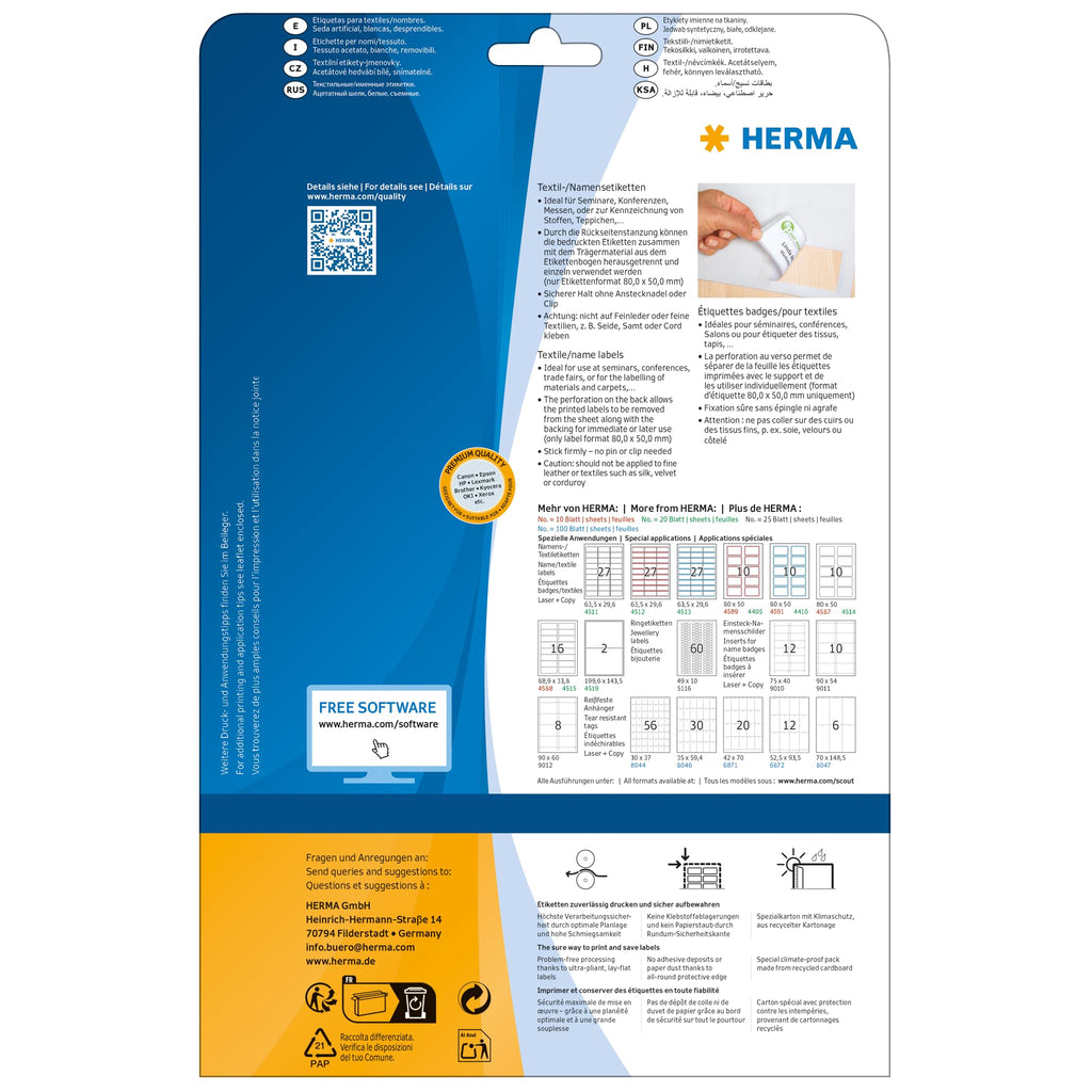 HERMA 4412 Namensetiketten ablösbar, 25 Blatt, 80 x 50 mm, 10 pro A4 Bogen, 250 Stück, selbstklebend, bedruckbar, rückstandsfrei abziehbare Acetatseide Namensaufkleber Etiketten, weiß
