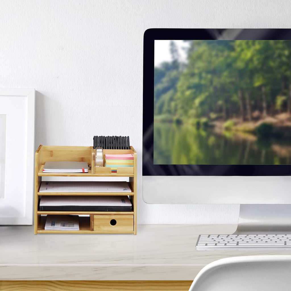 Relaxdays Schreibtisch Organizer, Briefablage A4, Notizzettel und Stifte ordnen, Schublade, Ordnungssystem Büro, Bambus, H x B x T: ca. 26 x 33 x 24 cm, Natur