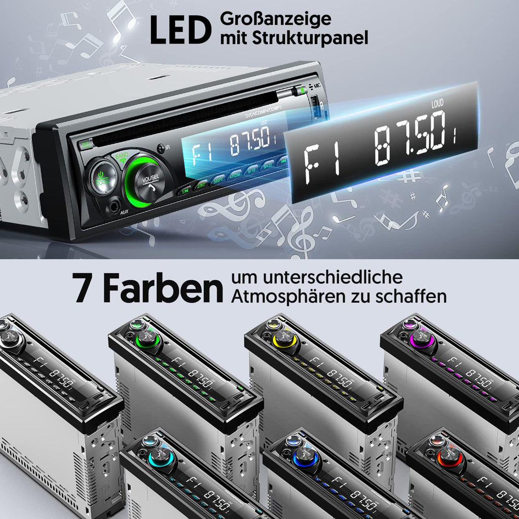 9-24V Autoradio mit CD DVD Player und Bluetooth Freisprecheinrichtung,RDS 1DIN Autoradio 7 Farben MP3 Player FM/AM Radio mit 2 USB SD/AUX/Lenkradfernbedienung