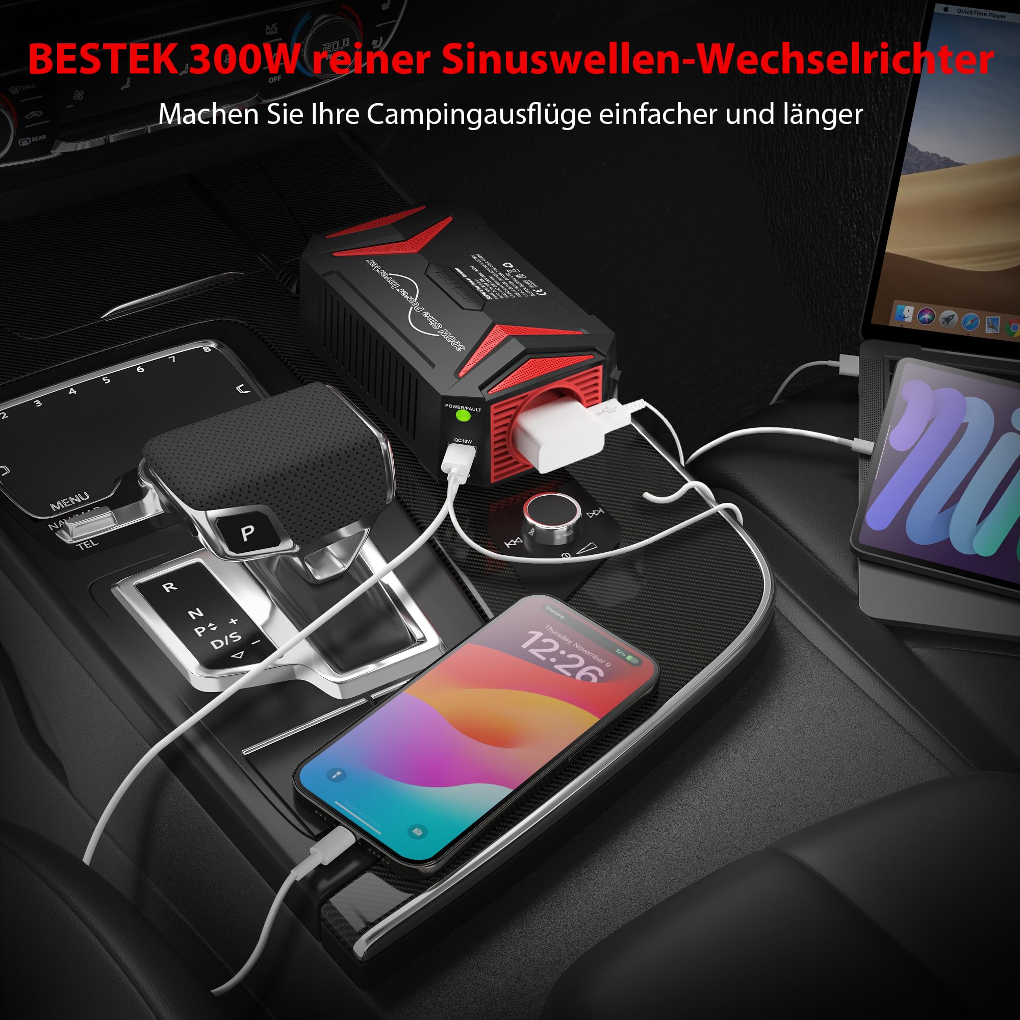 Reiner Sinus wechselrichter 12v auf 230v/BESTEK 300W stromwandler 12 auf 230/steckdose Auto Adapter/Auto wechselrichter,Inverter,inkl. Kfz Zigarettenanzünder Stecker