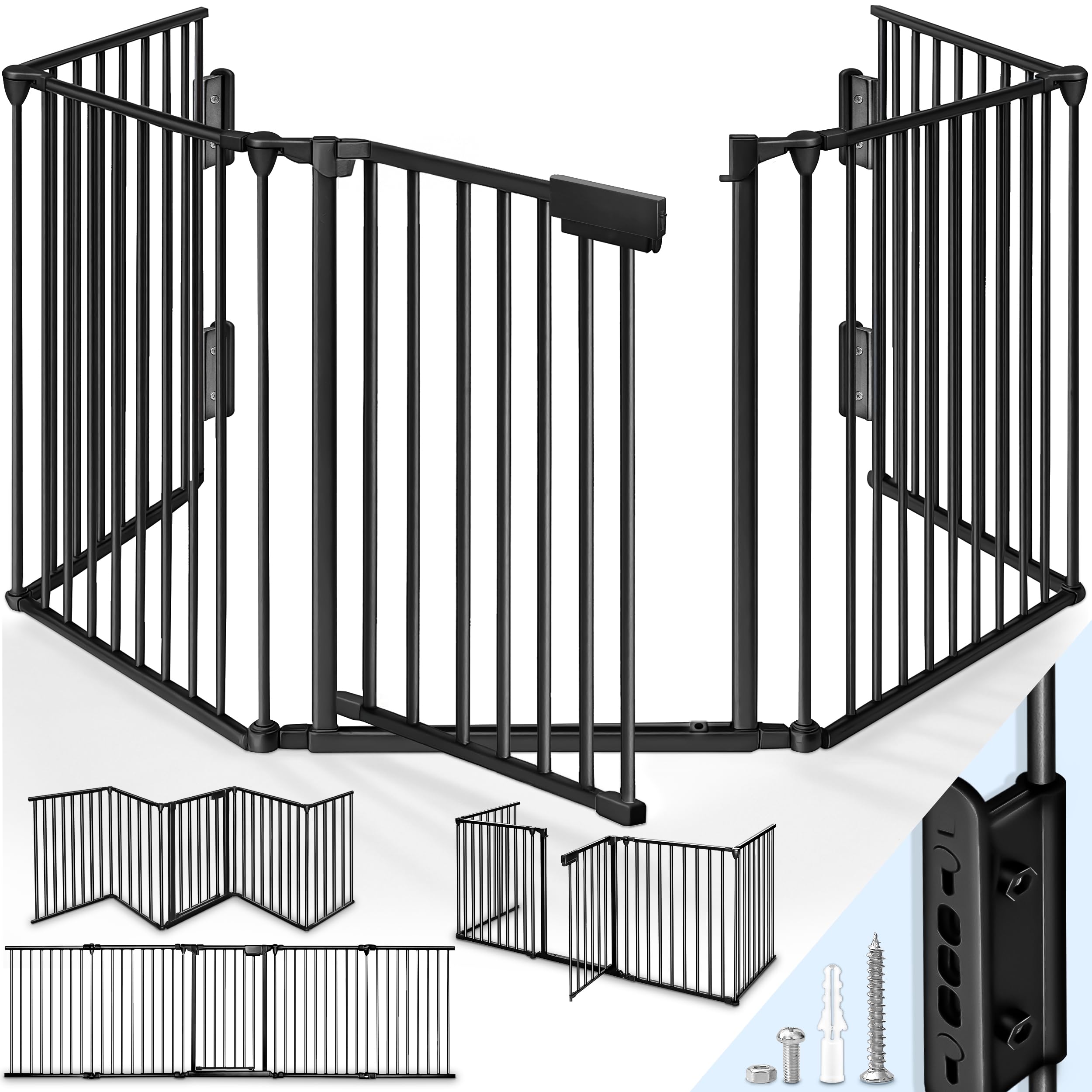 KIDUKU® Kaminschutzgitter mit Tür Metall 600 cm | Absperrgitter Ofenschutzgitter faltbar | Konfigurationsgitter inkl. 10 Elementen (Schwarz)