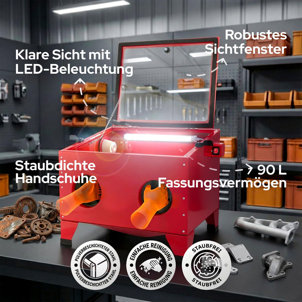 Arebos Sandstrahlkabine 90 Liter | Sandstrahlgerät mit Strahlpistole mit 4 Keramikdüsen | zur Aufbereitung | Arbeitshandschuhe | Sichtfenster inkl. 4 Ersatzfolien