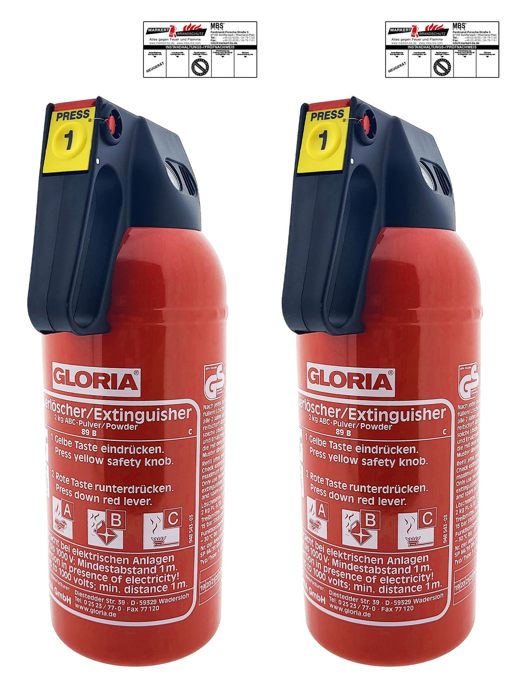 MBS FIRE 2x Gloria KFZ Auto-Pulverlöscher P2GM, 2kg Brandklasse ABC inkl. Halterung u. Plakette