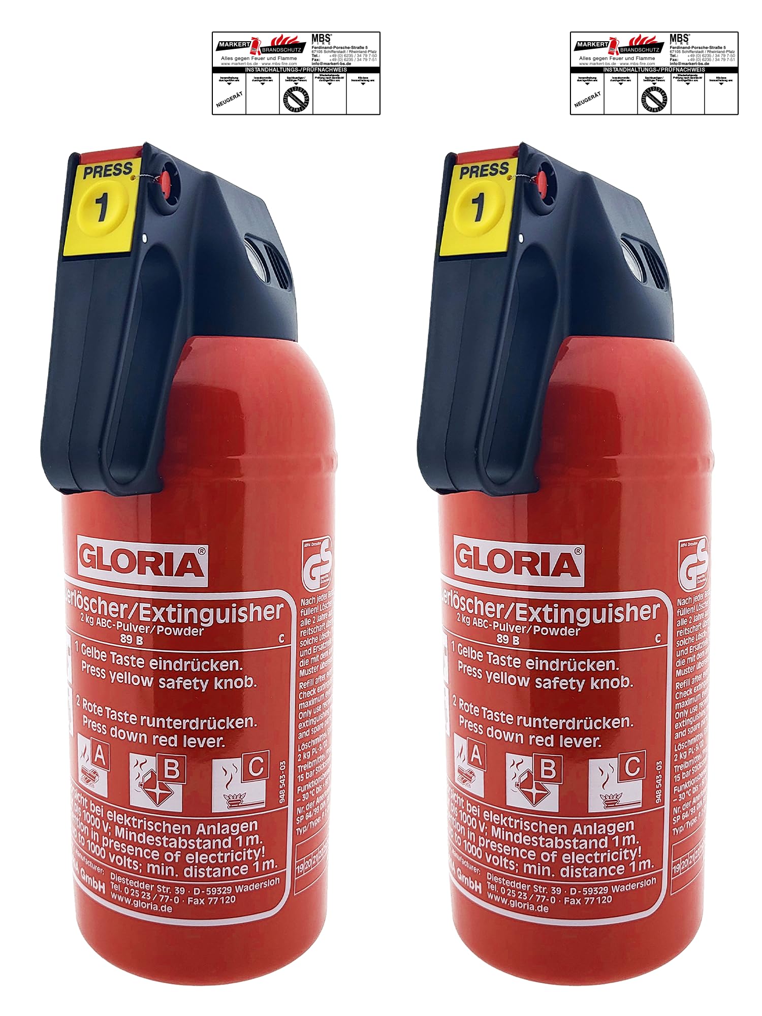 MBS FIRE 2x Gloria KFZ Auto-Pulverlöscher P2GM, 2kg Brandklasse ABC inkl. Halterung u. Plakette