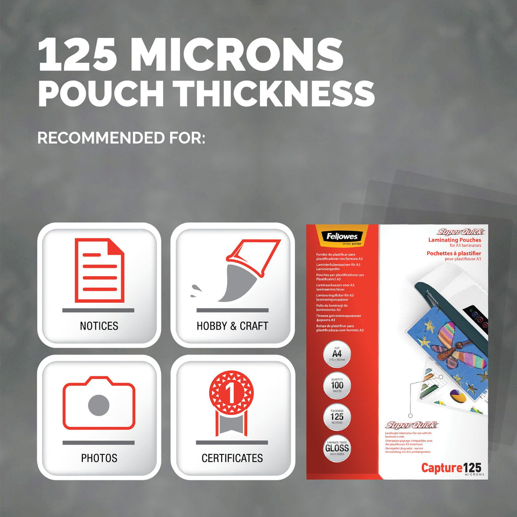 Fellowes Laminierfolie A4 SuperQuick, 125 Mikron (2 x 125mic), 100 Stück, Längsseite versiegelt, für A3 Laminiergeräte