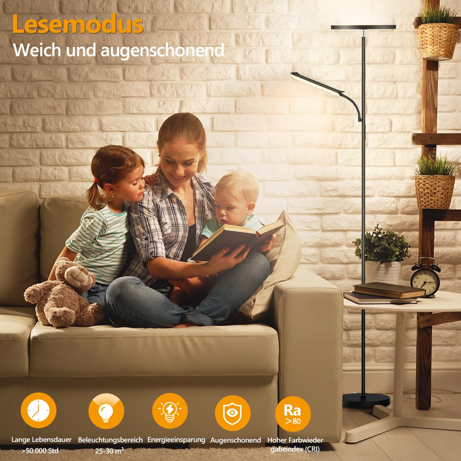 Stehlampe Wohnzimmer, 42W Deckenfluter mit Leselampe, 4200LM LED Stehlampe Dimmbar mit 2700K-6500K Farbtemperatu, Moderne Standleuchte mit Fernbedienung & Touch-Steuerung für Wohnzimmer Schlafzimmer