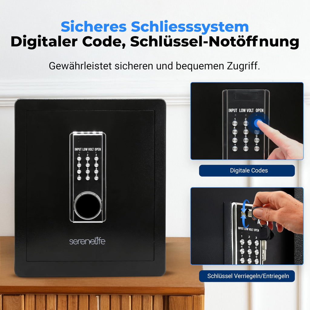 SereneLife 39L Tresor Für Zuhause, Safe- Feuerfest & Wasserdicht, Digitaler Wandtesor Möbeltresor mit Code & 2 Schlüsseln, Safe Box mit Doppelt gesichertes Alarmsystem für Wertsachen, Bargeld, Schmuck