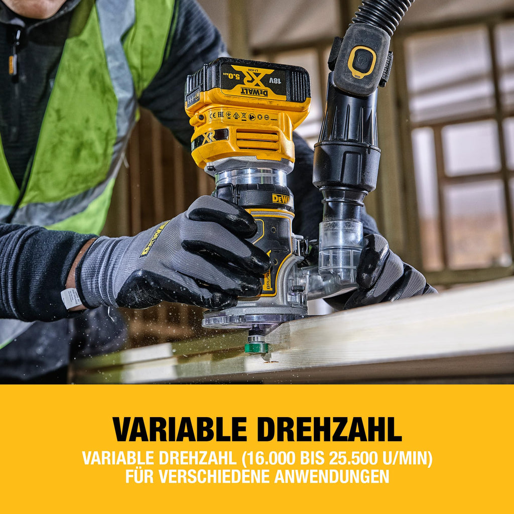 DEWALT 18V Akku-Kombifräse (einsetzbar als Ober- oder Kantenfräse, bürstenloser Motor, 6-8 mm Werkzeugaufnahme, max. Fräs-ø: 36 mm, Fräskorbhub: 55 mm, Lieferung ohne Akku & Ladegerät), DCW604NT-XJ