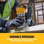 DEWALT 18V Akku-Kombifräse (einsetzbar als Ober- oder Kantenfräse, bürstenloser Motor, 6-8 mm Werkzeugaufnahme, max. Fräs-ø: 36 mm, Fräskorbhub: 55 mm, Lieferung ohne Akku & Ladegerät), DCW604NT-XJ