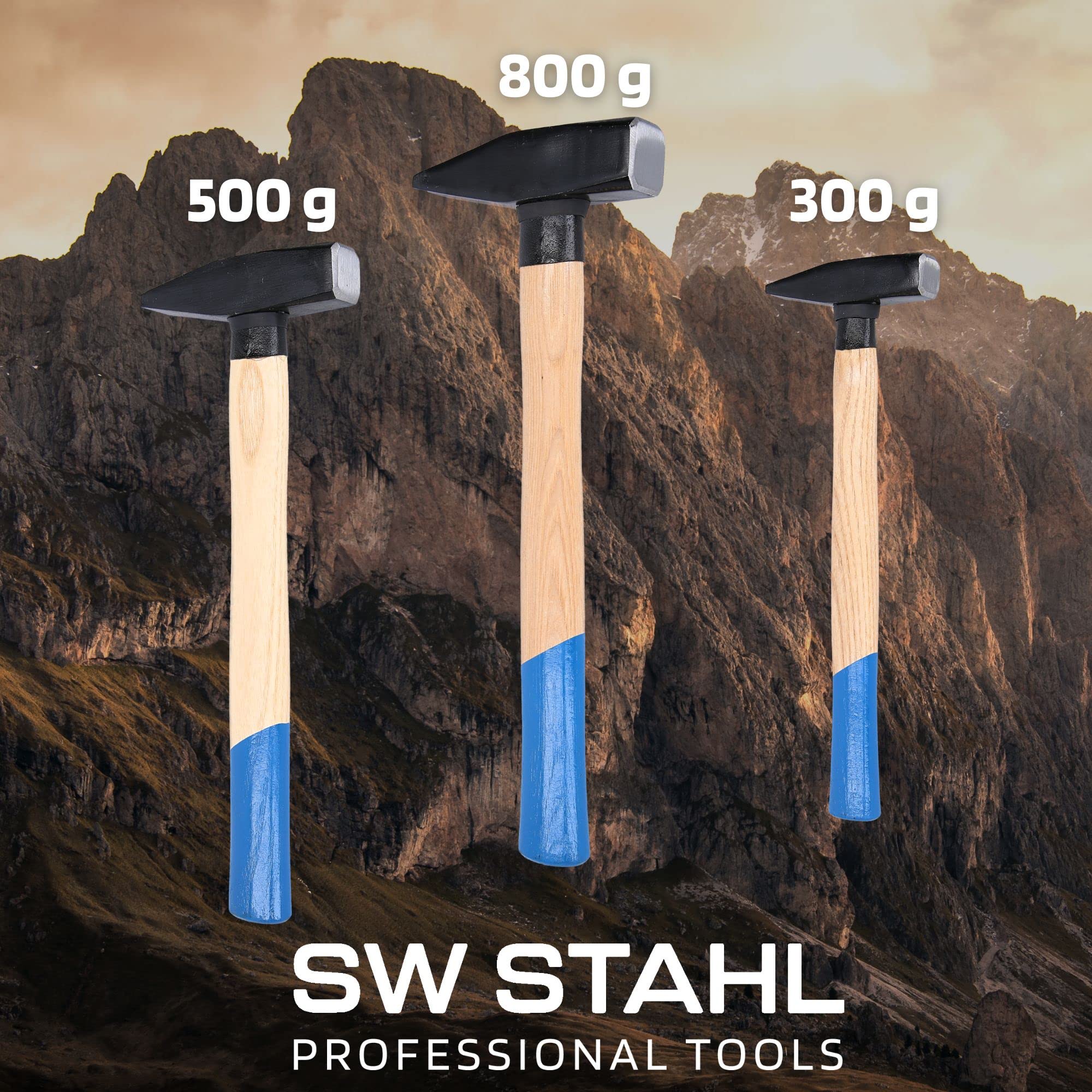 SW-Stahl 50930L Schlosshammer-Set mit Stielschutz 3-teilig I Werkzeughammer aus Hickoryholz I Hammer mit Kopfgewichten 300g - 500g - 800g I Schlosser Hammer Set Werkstatt
