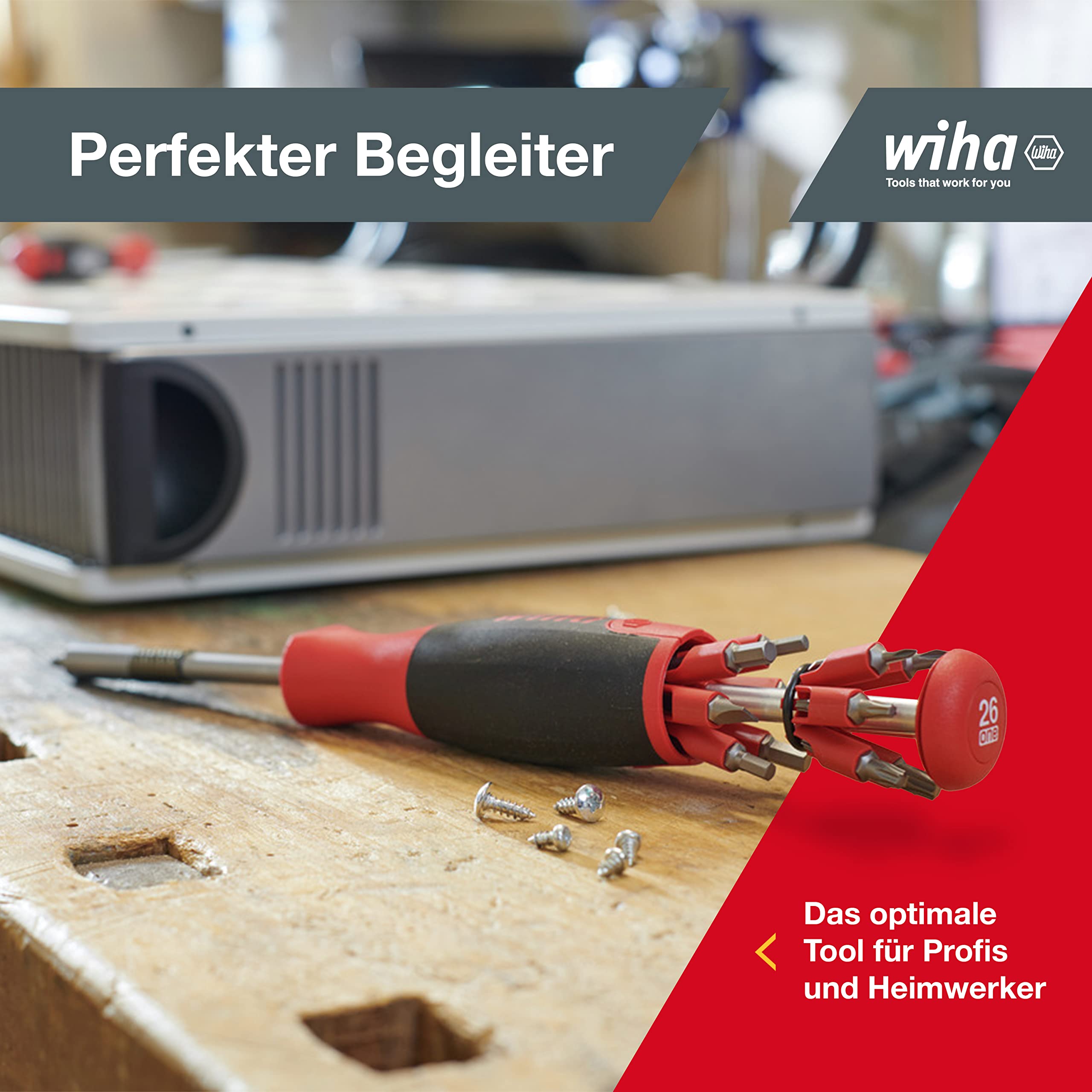 Wiha Schraubendreher mit Bit Magazin LiftUp 25 magnetisch gemischt mit 12 Bits, 1/4" (3803), Bits im Griff, langlebig, universell, Bitsatz, Bithalter, platzsparend, kompakt, stabil