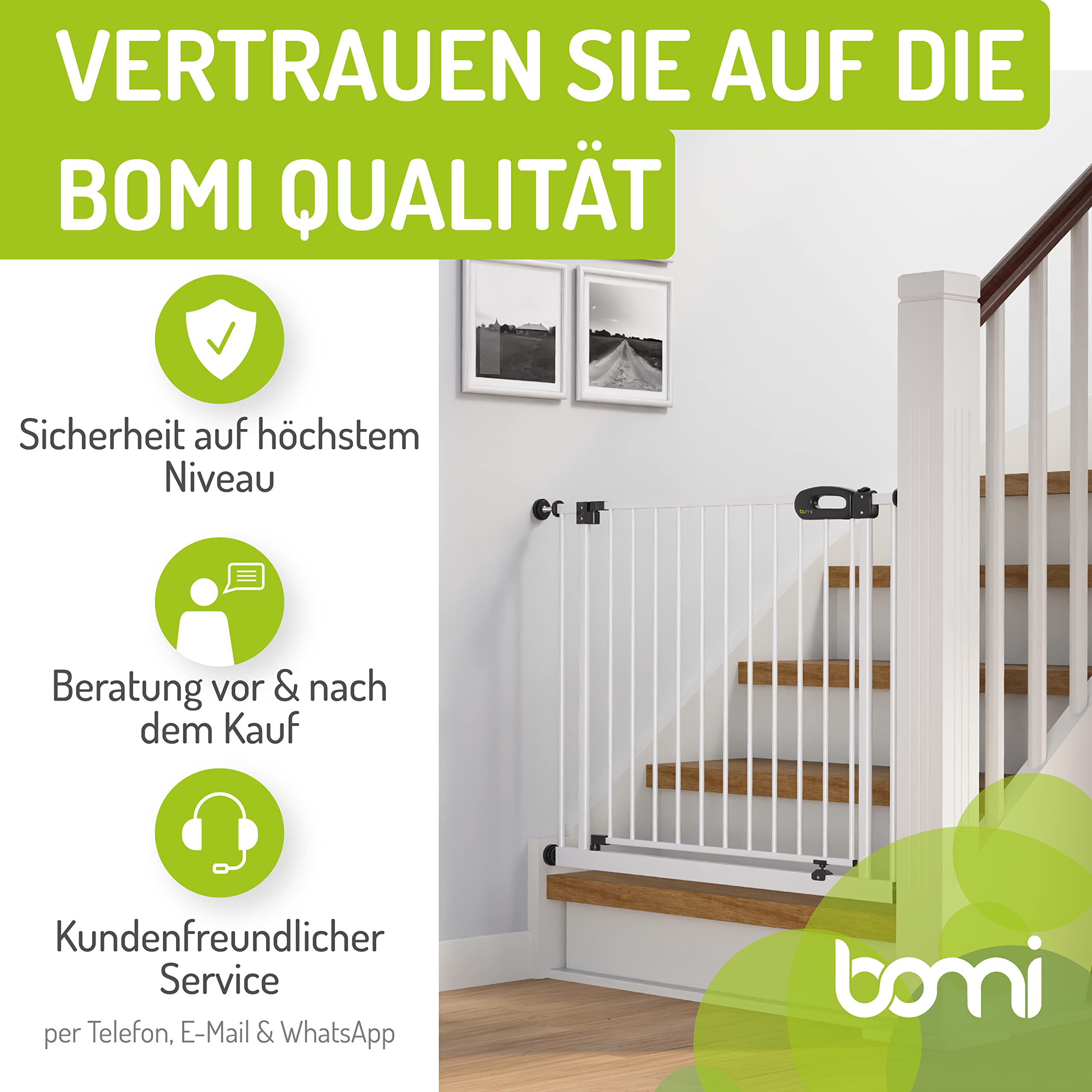 BOMI TÜV GS Siegel Kindertreppen Gitter XXL Merle | Ohne Bohren | Schließt automatisch | Gittertür aus Metall Weiss | Stabile Baby Schutzgitter Tür für Kindersicherheit | Breite: 93-101 cm