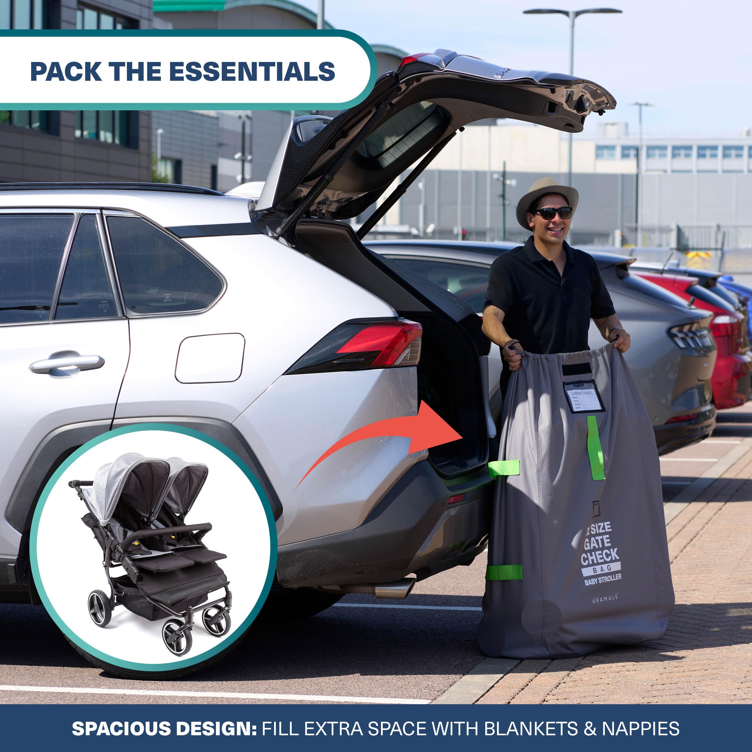 Bramble – XL-Kinderwagentasche fürs Flugzeug – Extra große Kinderwagentasche für Flugreisen – Wasserabweisende Doppel-Kinderwagen-Abdeckung für die Gate-Kontrolle (Grau)