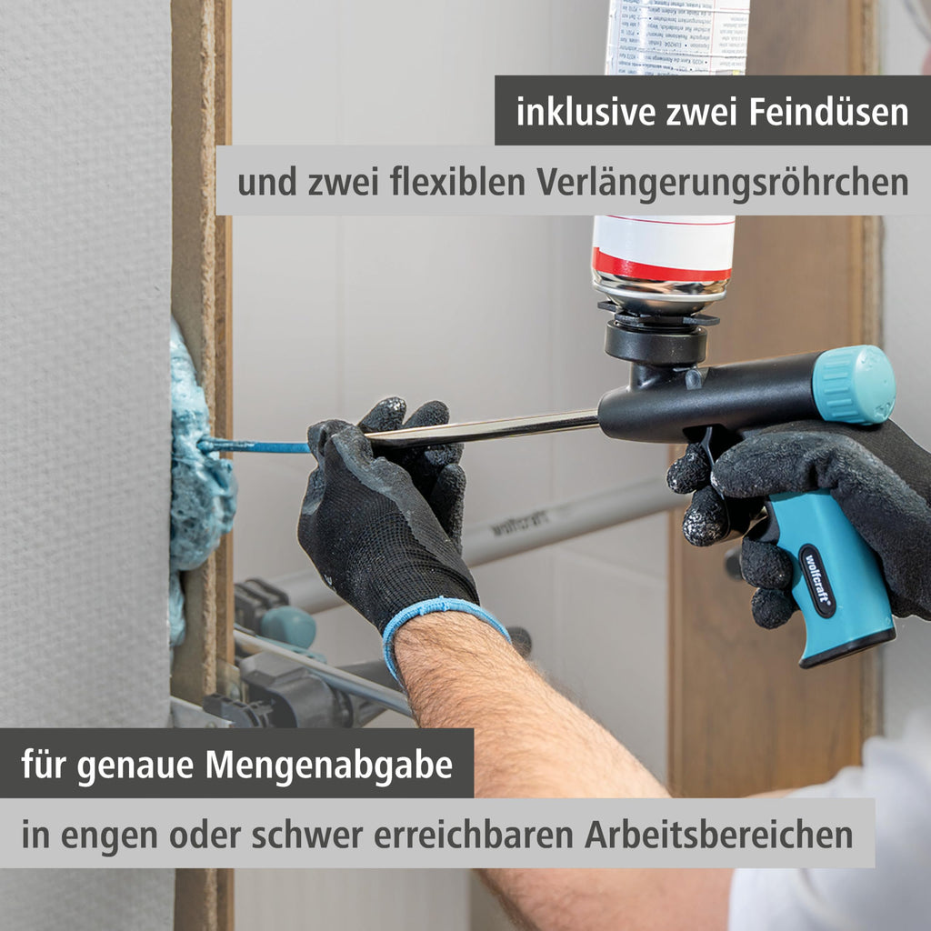 wolfcraft PU Schaumpistole - Dosierpistole für Montageschaum I 4342000 I Baumschaumpistole inkl. Feindüsen und Verlängerung - Abdichten, Dämmen und Kleben
