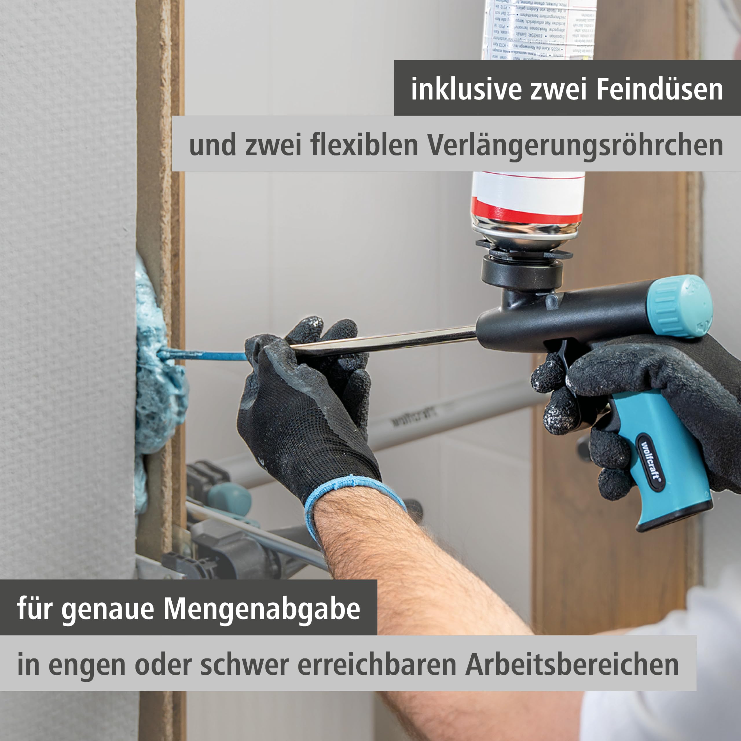 wolfcraft PU Schaumpistole - Dosierpistole für Montageschaum I 4342000 I Baumschaumpistole inkl. Feindüsen und Verlängerung - Abdichten, Dämmen und Kleben