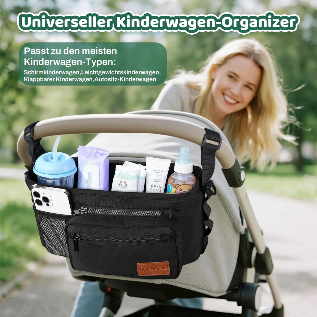 Guiseapue Universal Kinderwagenorganizer: Getränkehalter/Becherhalter für Kinderwagen Buggy Organizer Zubehör, Großer Kapazität Kinderwagentasche, Baby Erstausstattung Neugeborene