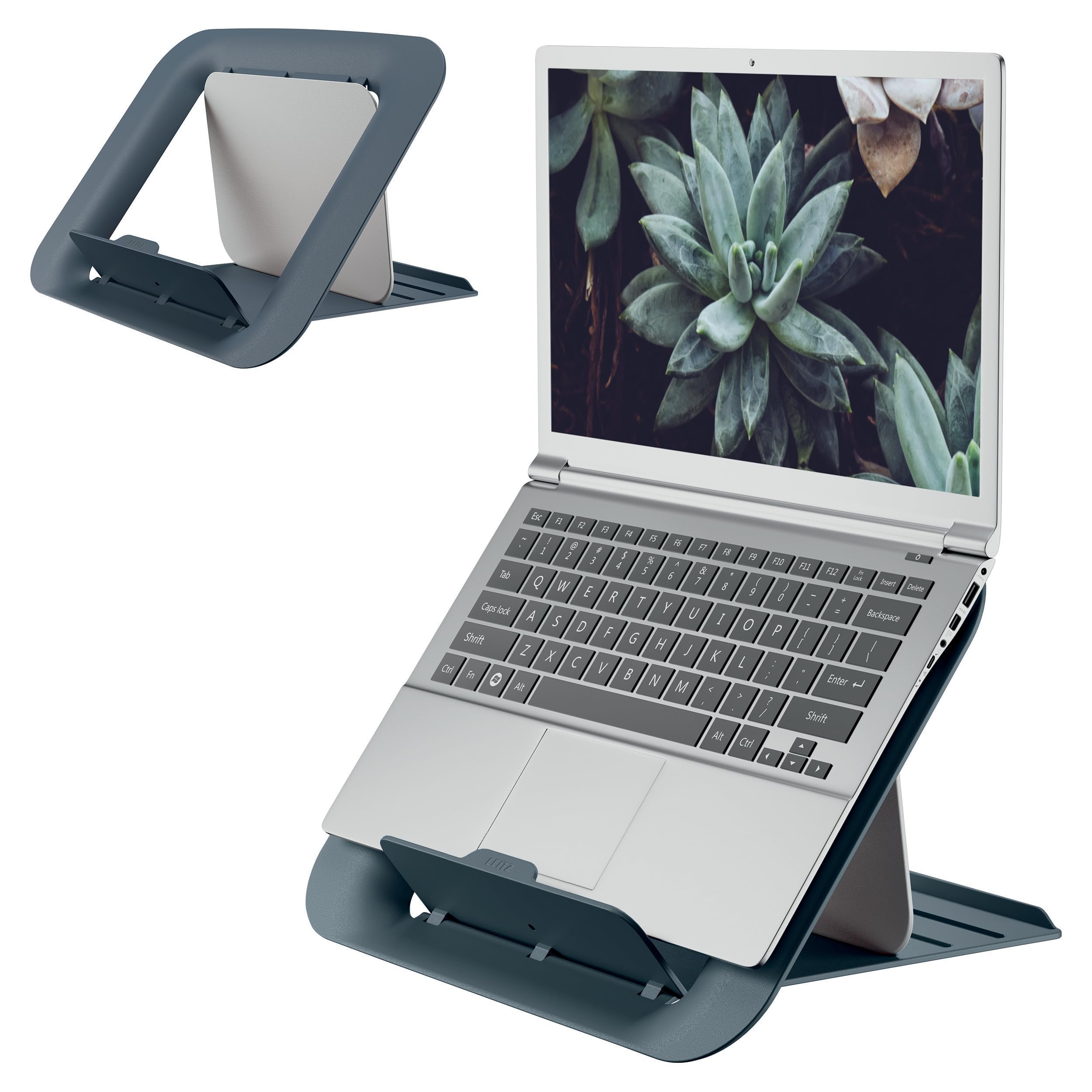 Leitz Höhenverstellbarer Laptopständer, Kompakte Laptop-Erhöhung mit 4 Höhen für 13“-15“ Notebooks, 80% recycelter Kunststoff & 100% recyclebar, IGR-zertifiziert, Ergo Cosy Serie, Dunkelgrau, 64260089