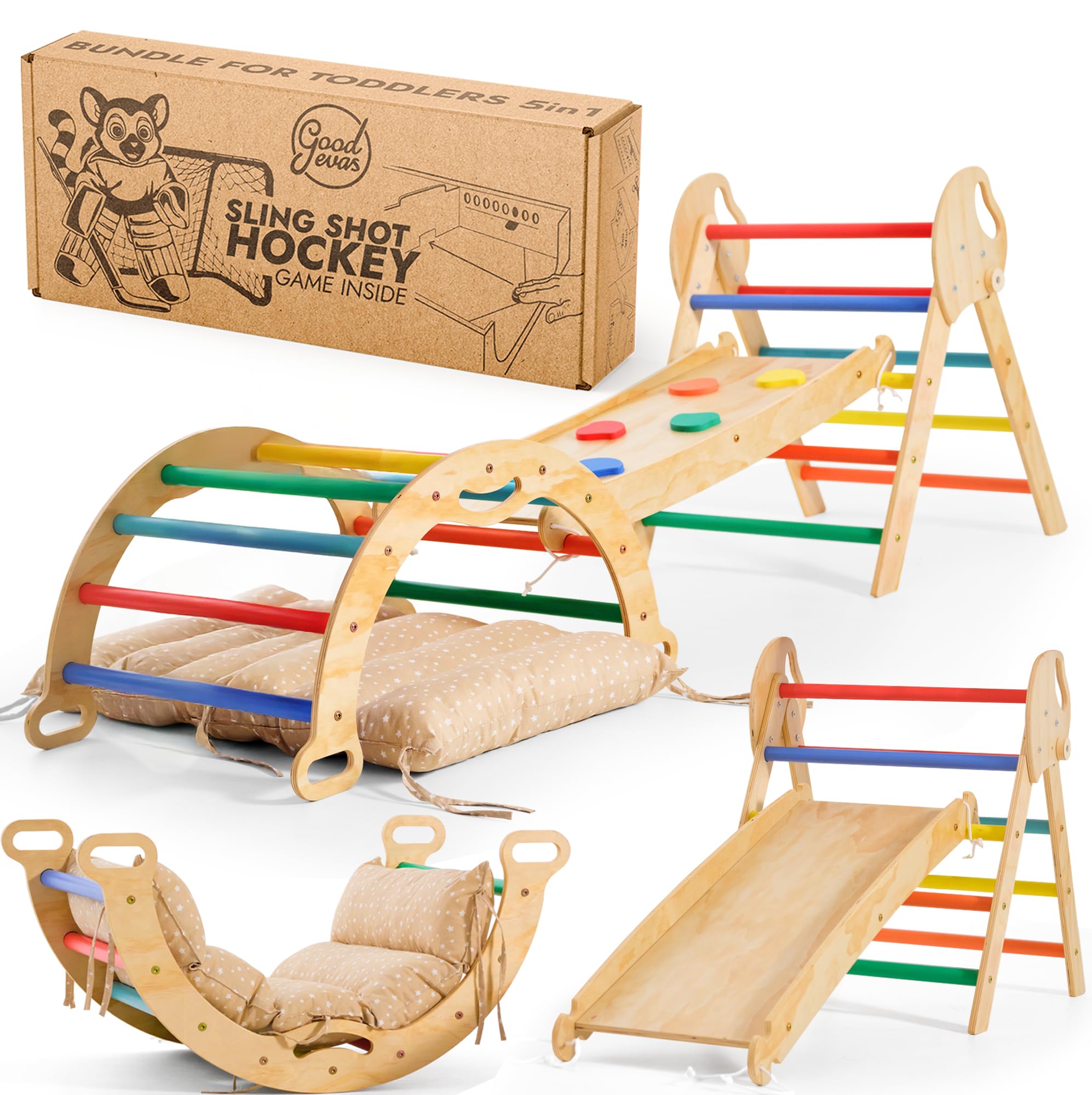 Goodevas 5-in-1 Montessori Klettergerüst Set: Indoor Kletterdreieck, Kletterbogen mit Kissen, und Rutsche für Kinder, Indoor Spielplatz 1-3 Jahre