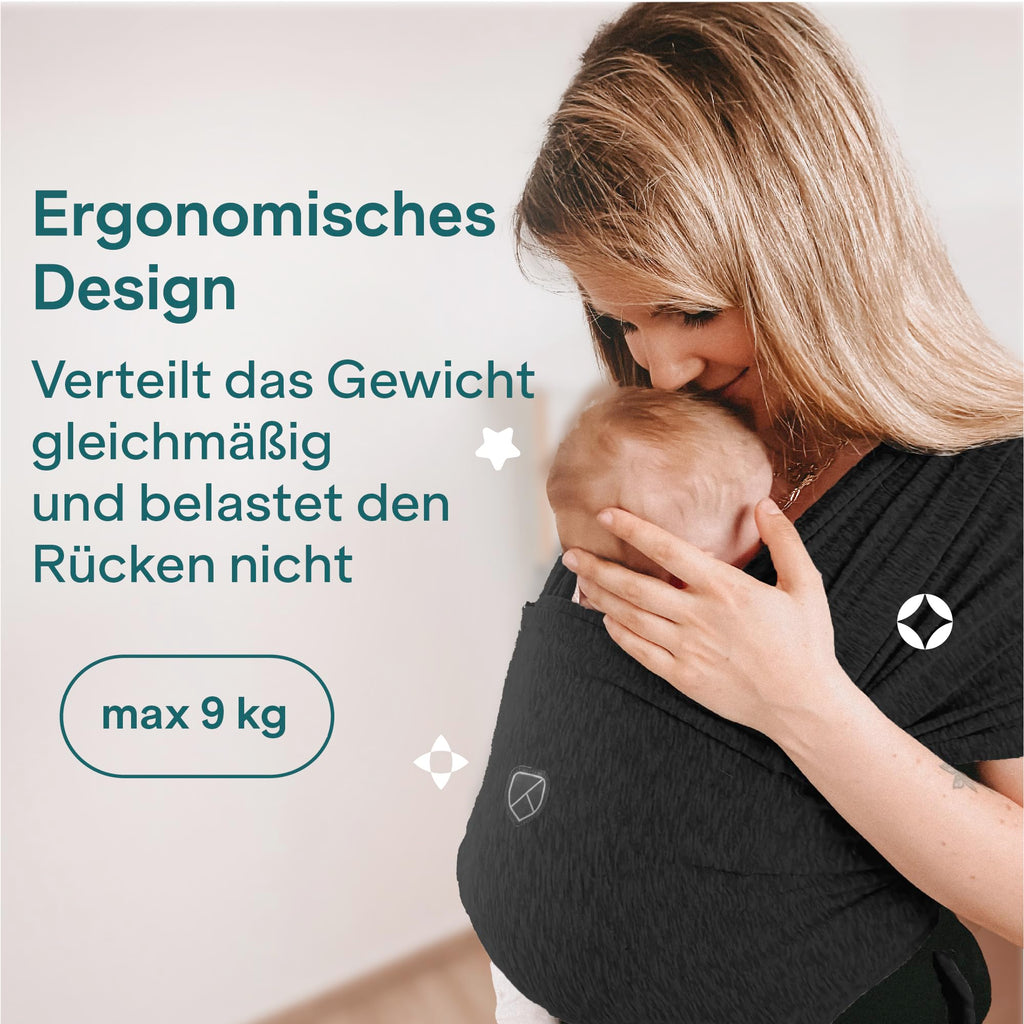 Koala Babycare Tragetuch Baby Neugeborene - Einfach Anzuziehen für Mütter und Väter - Babytrage Multi-Use Bis 9kg - Babytragetuch Schwarz