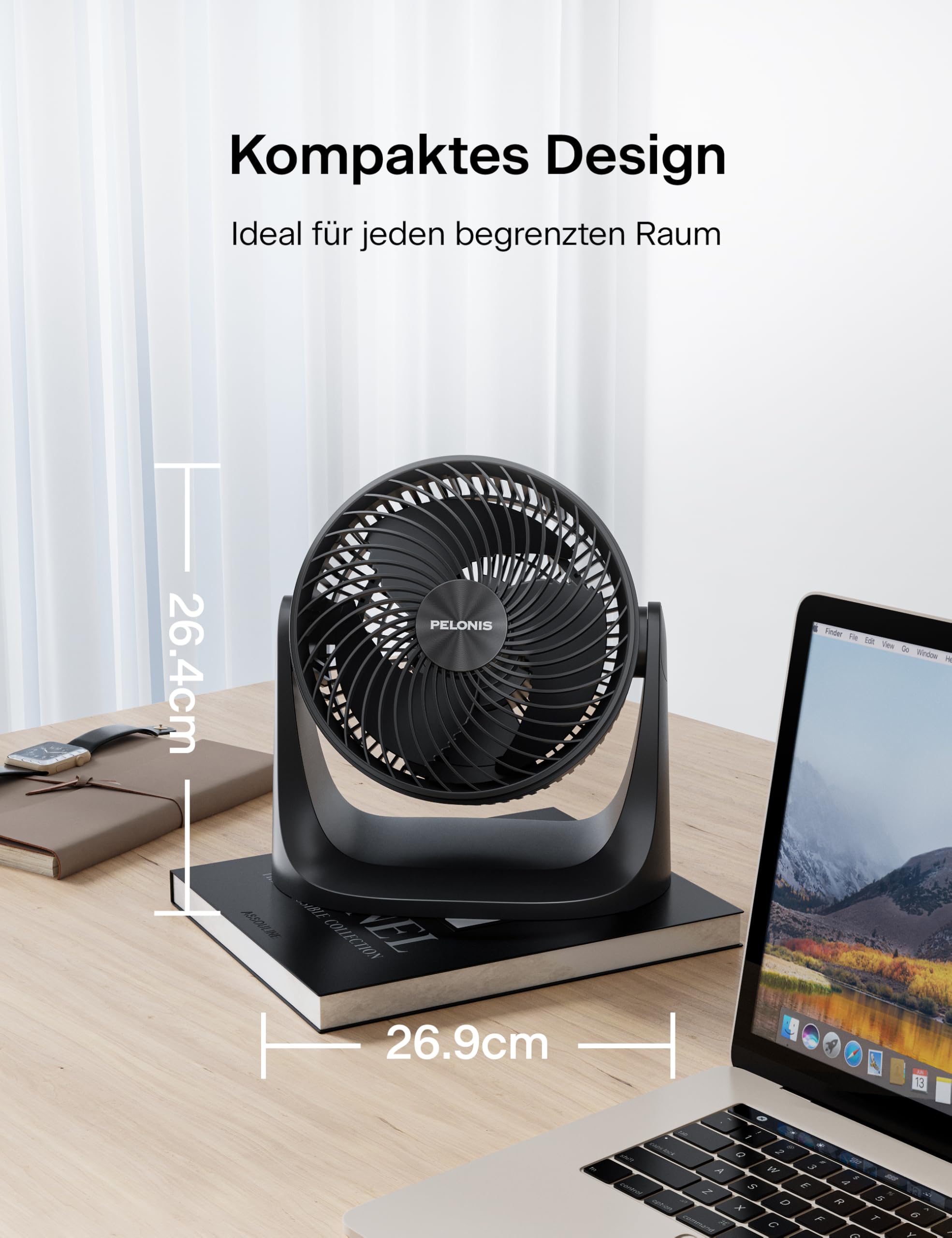 PELONIS 3 stufiger Luftzirkulationsventilator 18 cm Kompakt Tischventilator mit 100° Neigung, Leiser Betrieb für Schlafzimmer & Büro Energieeffizienter Schwarz Ventilator