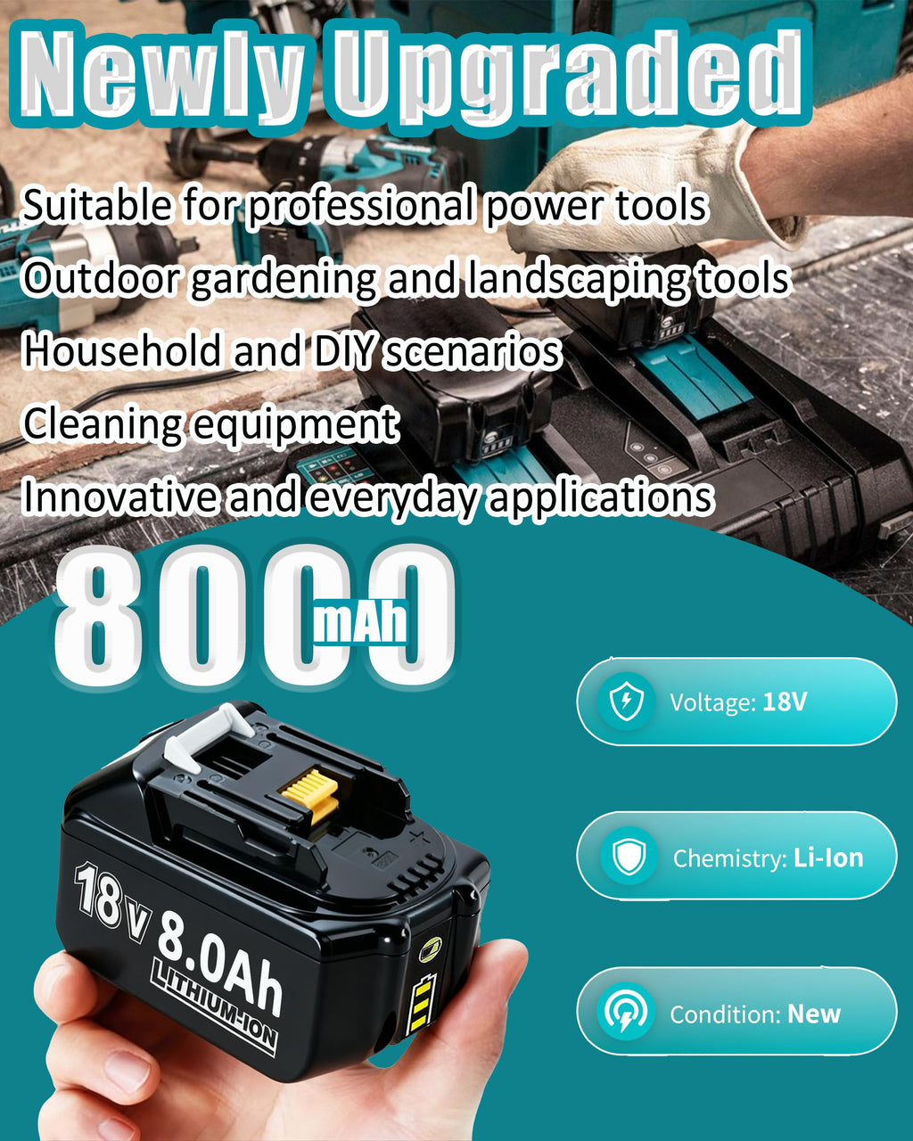 2X 18V 8.0Ah/8000mAh Ersatzakku für makita BL1860B BL1850B BL1860 BL1840 BL1830 BL1815 BL1835 BL1860B BL1850B BL1845 BL1850 BL1890 BL1415 BL1430 BL1440 194205-3 LXT-400 with LED Werkzeugakku