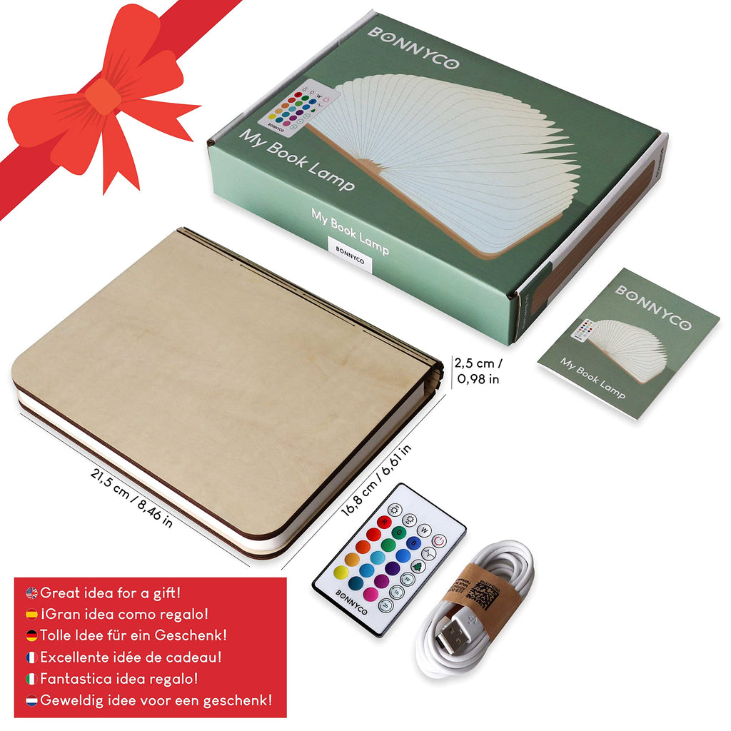 BONNYCO Buchlampe Holz mit Farbwechsel 16 Farben und Timer. LED Buchlampe Geschenk für Frauen und Männer zum Geburtstag Weihnachten. Kleine Lampe Deko Wohnzimmer Schlafzimmer Zimmer, Buch Lampe