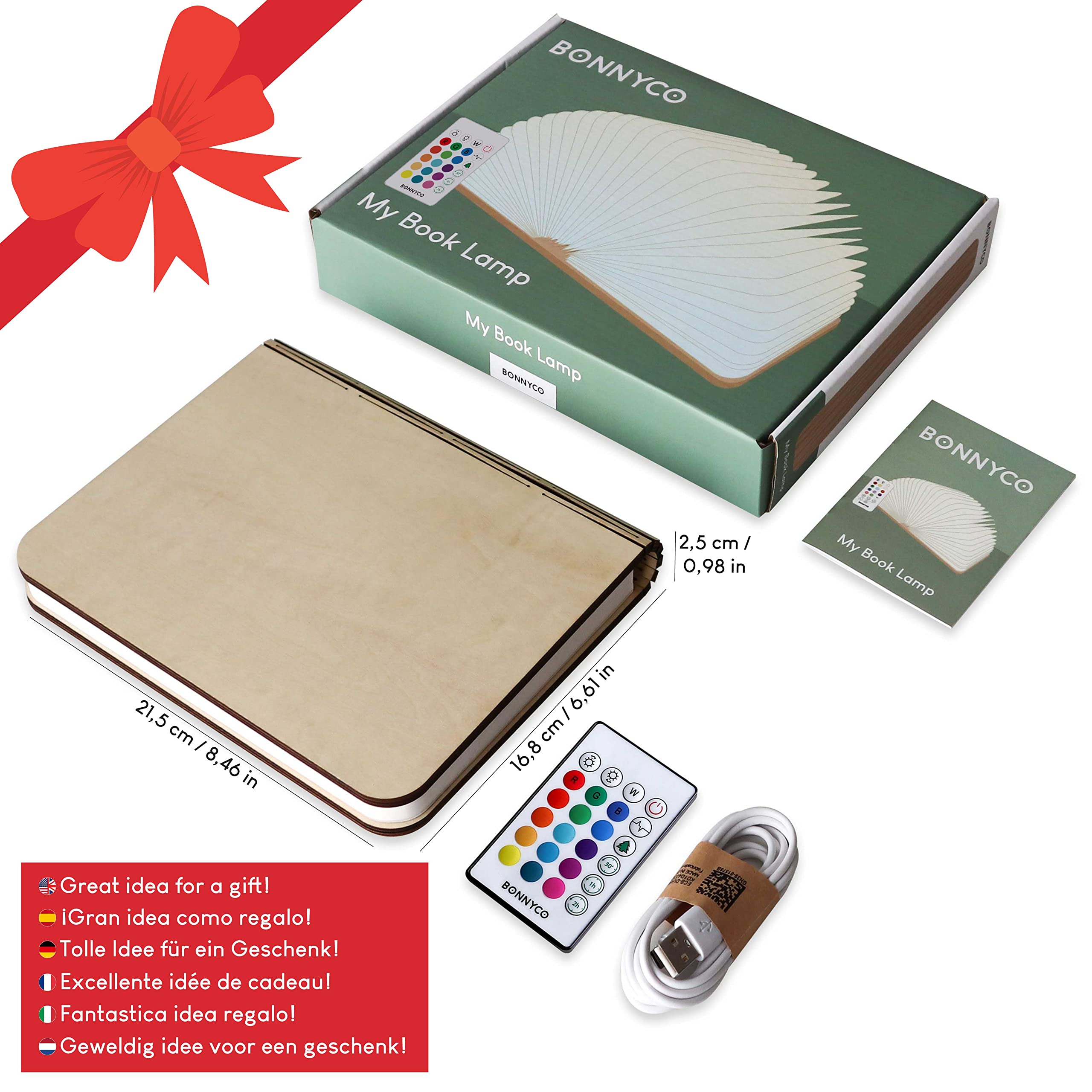 BONNYCO Buchlampe Holz mit Farbwechsel 16 Farben und Timer. LED Buchlampe Geschenk für Frauen und Männer zum Geburtstag Weihnachten. Kleine Lampe Deko Wohnzimmer Schlafzimmer Zimmer, Buch Lampe