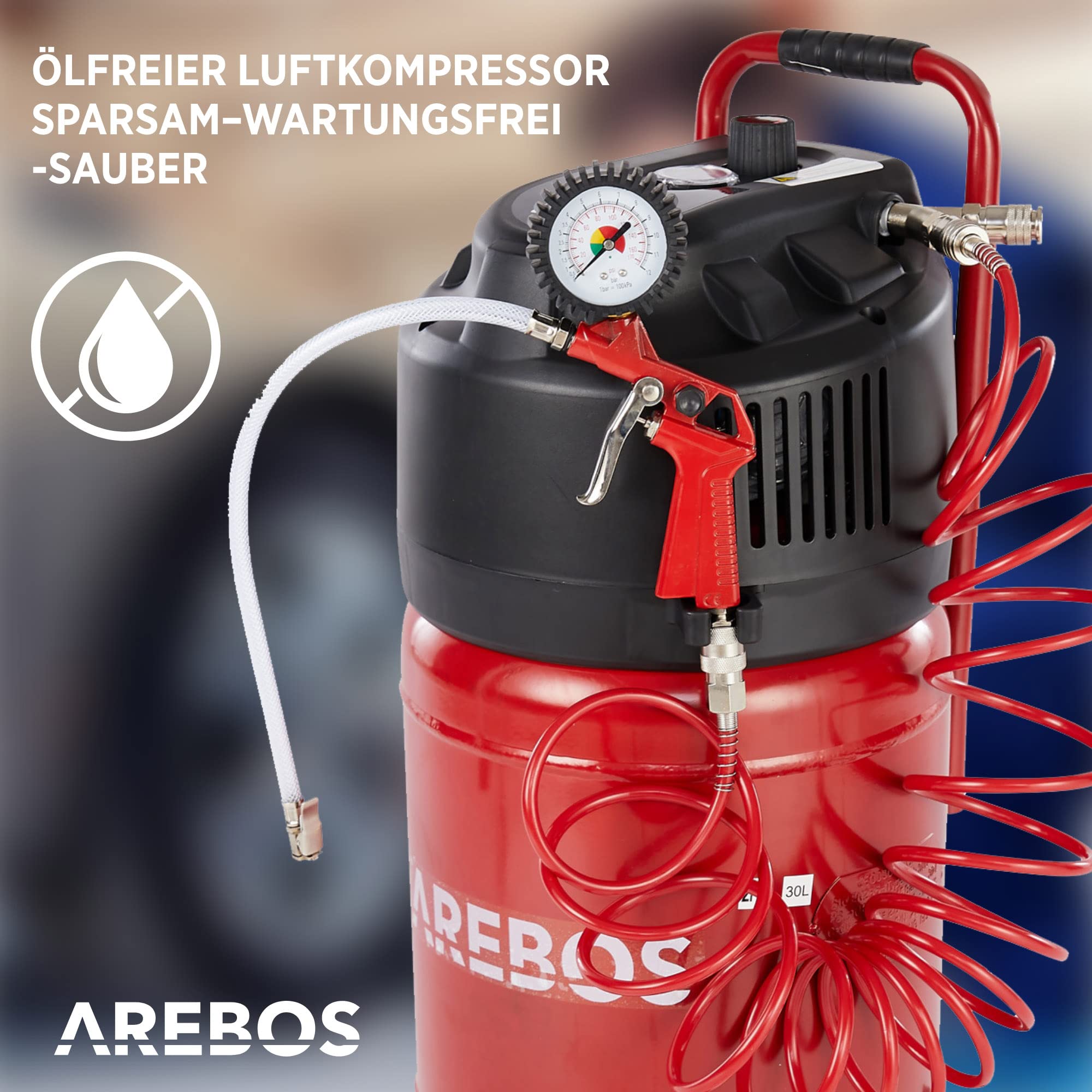 Arebos 30L Druckluftkompressor Kompressor stehend 1500 W | inkl. 13-tlg. Druckluft-Werkzeug-Set | Wartungsarm | Abschaltautomatik | Extra langer Luftschlauch | ölfrei | Luftkompressor 10 bar