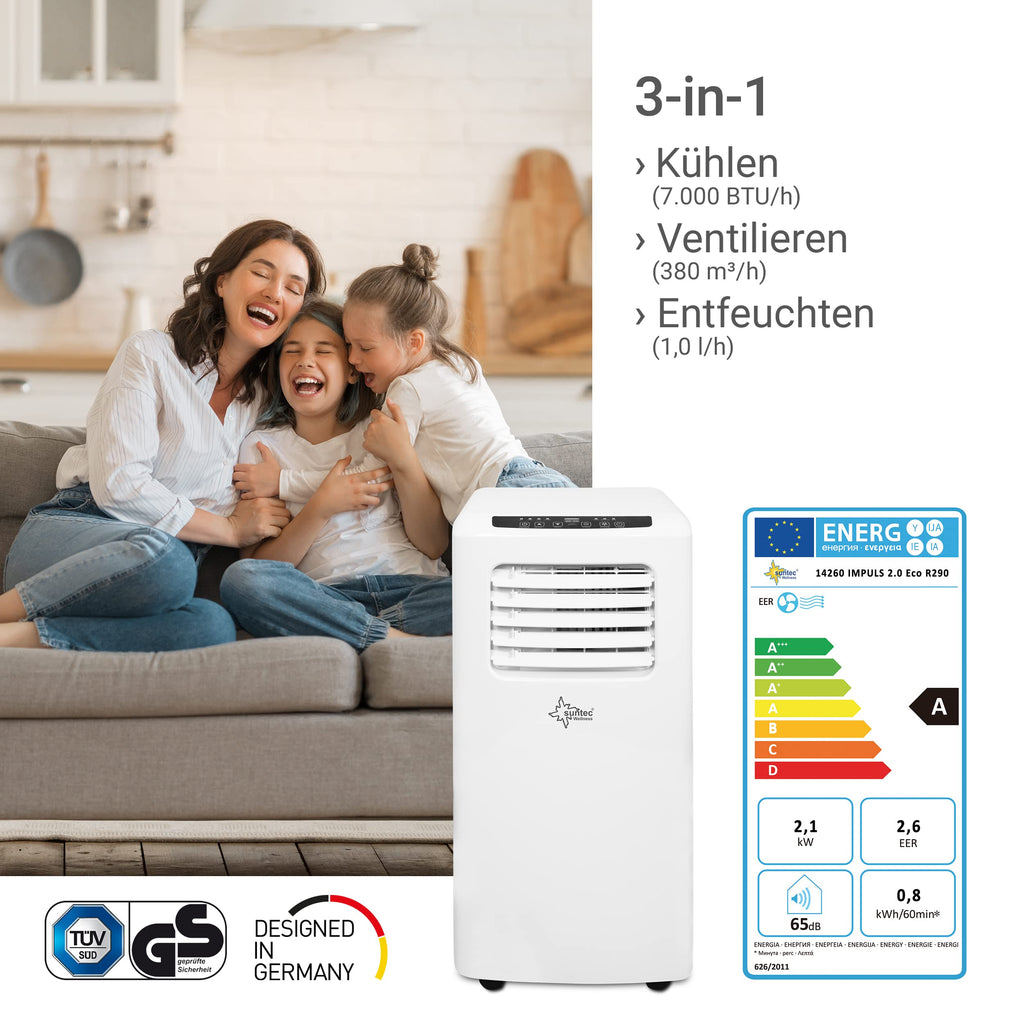 SUNTEC Mobiles Klimagerät Impuls 2.0 Eco R290 – Klimaanlage mobil und leise mit Abluftschlauch – Kühler & Entfeuchter für Räume bis 25 qm – Mobile Kühlung für Wohnung & Büro – 7.000 BTU – 2050 Watt