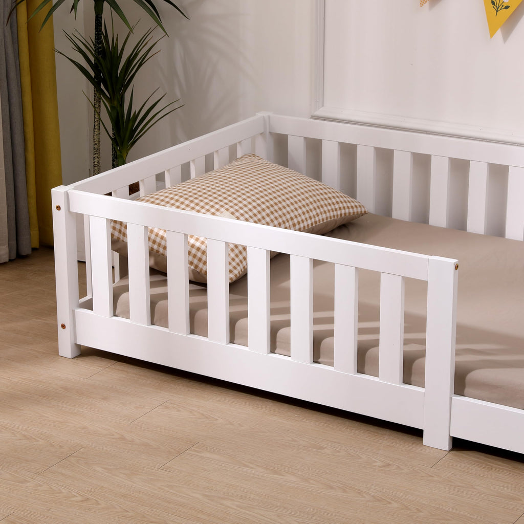 ecomi® Kinderbett 80x160 mit Rausfallschutz Bodenbett Kinder Bett mit Lattenrost für Kinder Kinderbetten für Mädchen und Jungen Massivholz Kiefer in Weiß