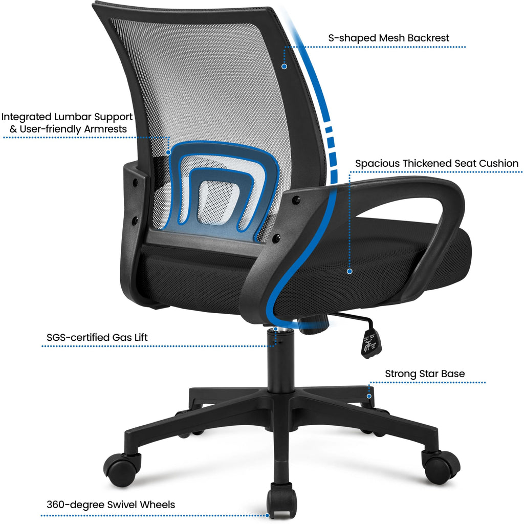 Yaheetech Bürostuhl Ergonomisch, Schreibtischstuhl mit Netzbespannung und Armlehnen, Drehstuhl aus Mesh, Chefsessel Wippfunktion, Höhenverstellbar Rückenschonend bis 136kg Belastbar, Schwarz