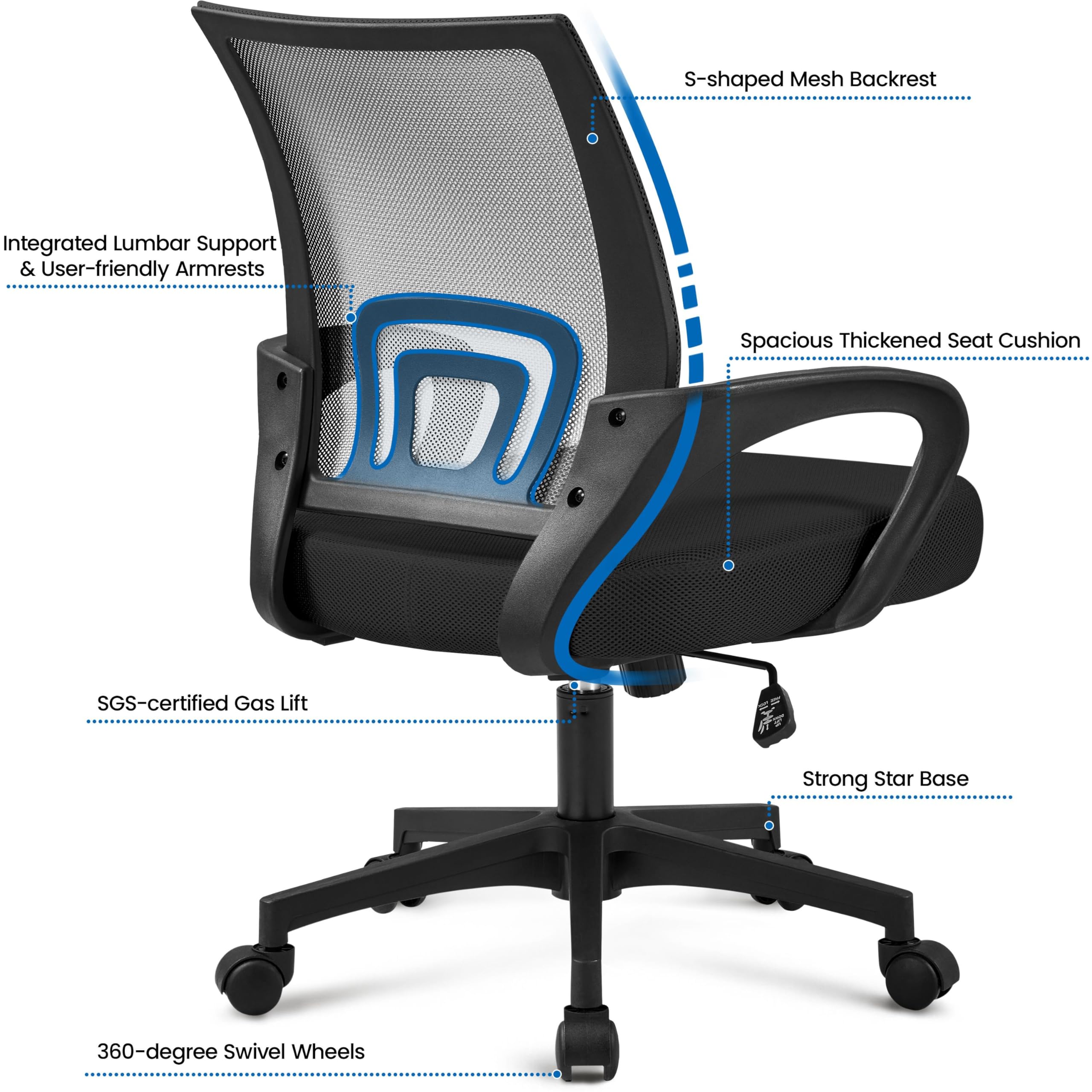 Yaheetech Bürostuhl Ergonomisch, Schreibtischstuhl mit Netzbespannung und Armlehnen, Drehstuhl aus Mesh, Chefsessel Wippfunktion, Höhenverstellbar Rückenschonend bis 136kg Belastbar, Schwarz