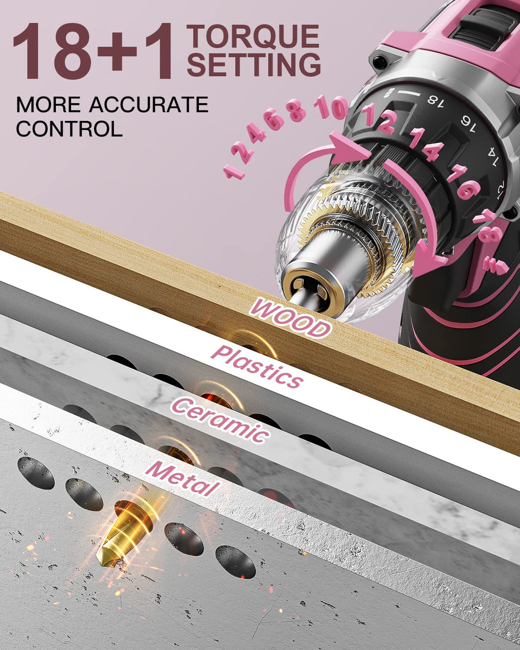 Akkuschrauber 12V Pink Rosa, Akkubohrer Klein, Akku Bohrschrauber Set mit 15 Zubehör und Tasche, 18+1 Drehmomentstufen, 10mm Bohrfutter, 2-Gang, LED-Licht, Leicht Akku Schrauber für Reparatur & DIY