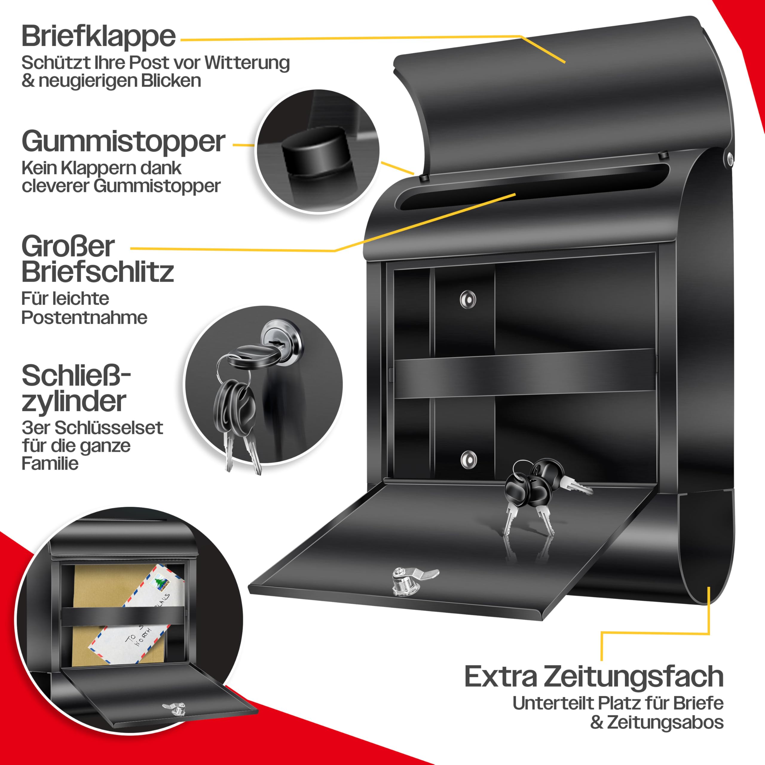KESSER® XXL Briefkasten Edelstahl mit Zeitungsfach, gebürstet, 3X Schlüssel abschließbar, Pulverbeschichtet, Wandmontage, groß Front-Einwurf: DIN C4 = DIN A4, inkl. Montagematerial, Schwarz