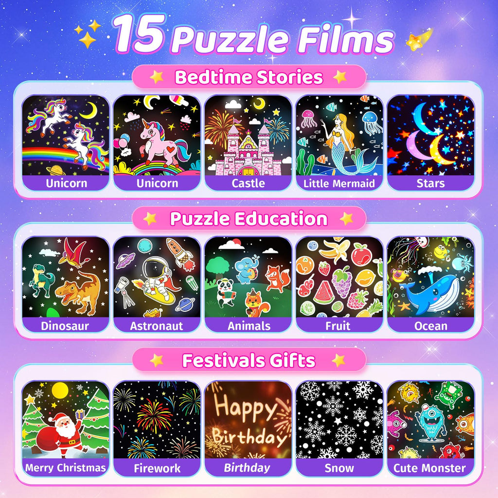 One Fire Sternenhimmel Projektor Kinder – mit 15 Filmen & 15 Musikstücken, 360° drehbar, Einhorn Spielzeug für Mädchen 3-14 Jahre, Nachtlicht gegen Weinen, Lern-Projektor mit Timer & 1200mAh Akku