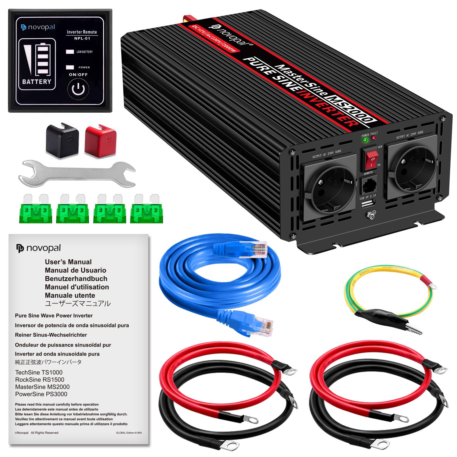 NOVOPAL 2000W/4000W Reiner Sinus Wechselrichter 12V auf 230V Spannungswandler mit 2 EU-Steckdose