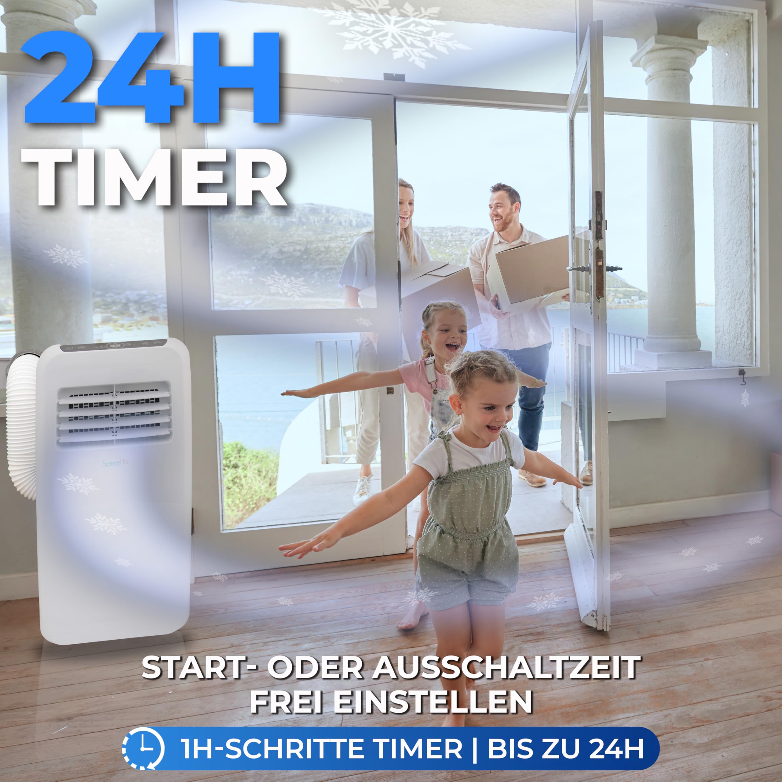 SereneLife Klimaanlage mobil 4-in-1: Luftkühler, Ventilator, Luftentfeuchter + Heizung – Tragbares Klimagerät mit Abluftschlauch, Fernbedienung & Kit für Räume bis 42 m² – Fenster-Montage 9,000 BTU