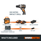 WORX NITRO WX352.4 Akku-Schlagbohrmaschine 20V, bürstenloser Motor, 60Nm, variable Drehzahlregelung, LED-Licht (inkl. 75 Stück Bits-Set, 2 Stk. 2,0Ah-PowerShare Akkus im Lieferumfang)