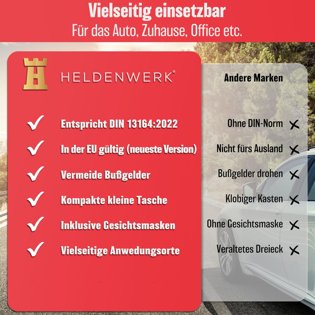 HELDENWERK KFZ Verbandstasche nach aktueller Norm 2026 - Europaweit Nutzbar - Erste Hilfe Set Auto Verbandskasten DIN 13164:2022 (StVO konform)